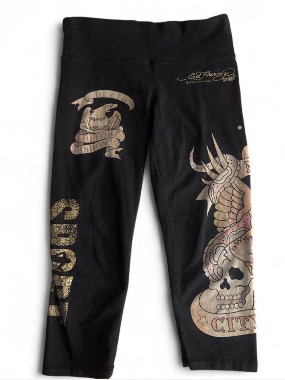 Ed Hardy black cropped leggings with all over graphic